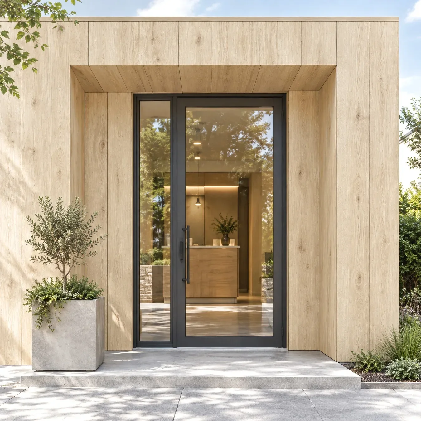 Façade et porte d'entrée habillées effet bois
